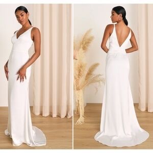 LULU's Bridal White Satin Sexy Elegant Mermaid Trumpet Maxi Gown with Train